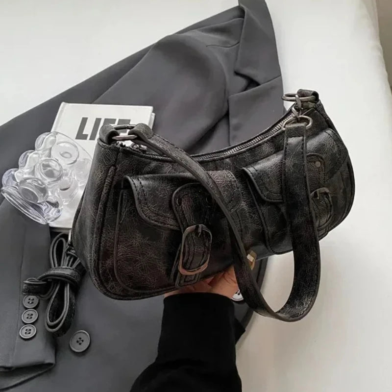 Fashion Double Pockets Design PU Leather Shoulder Bag for Women 2025 Tend Female Crossbody Bag Underarm Bags Handbags bolsa