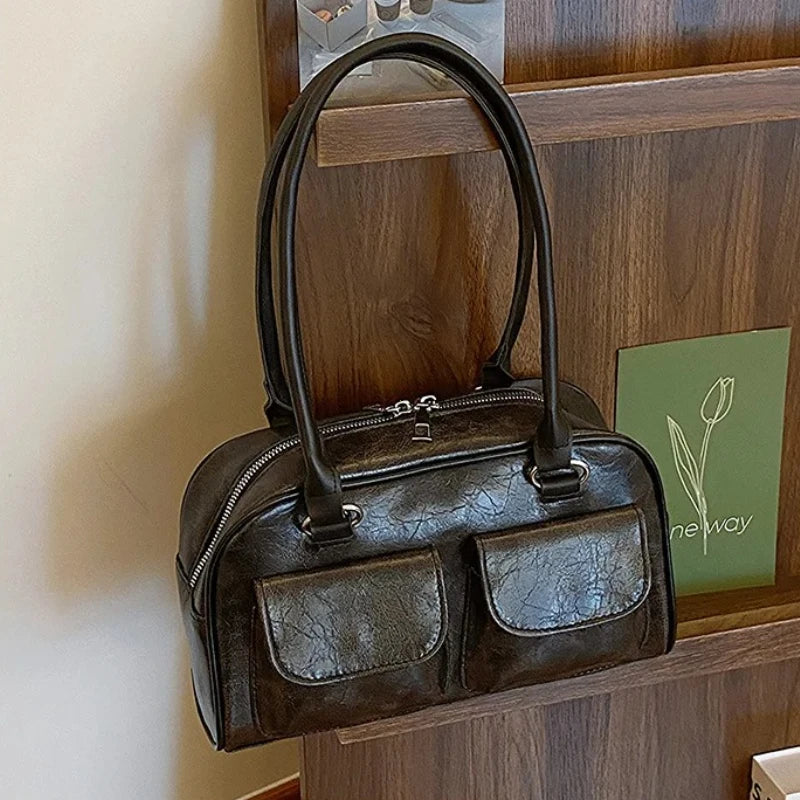 Fashion Double Pockets Design PU Leather Shoulder Bag for Women 2025 Tend Female Crossbody Bag Underarm Bags Handbags bolsa