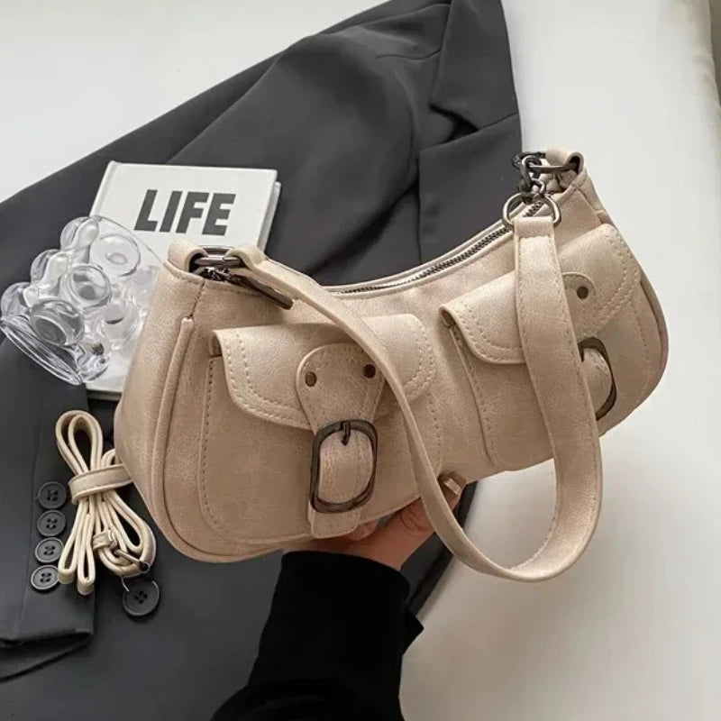 Fashion Double Pockets Design PU Leather Shoulder Bag for Women 2025 Tend Female Crossbody Bag Underarm Bags Handbags bolsa