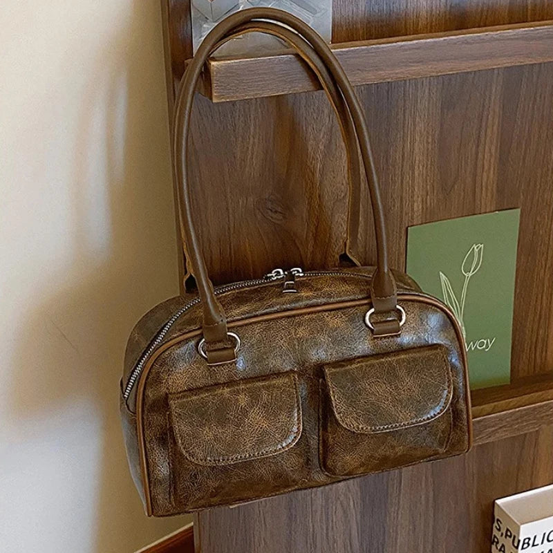 Fashion Double Pockets Design PU Leather Shoulder Bag for Women 2025 Tend Female Crossbody Bag Underarm Bags Handbags bolsa