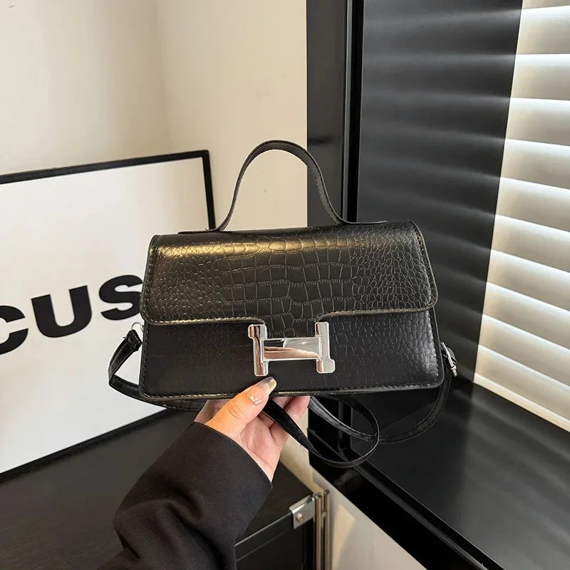 Fashionable Crocodile Pattern Solid Color Shoulder Bag for Women Simple Versatile High End Feelings Cross Border New 2025